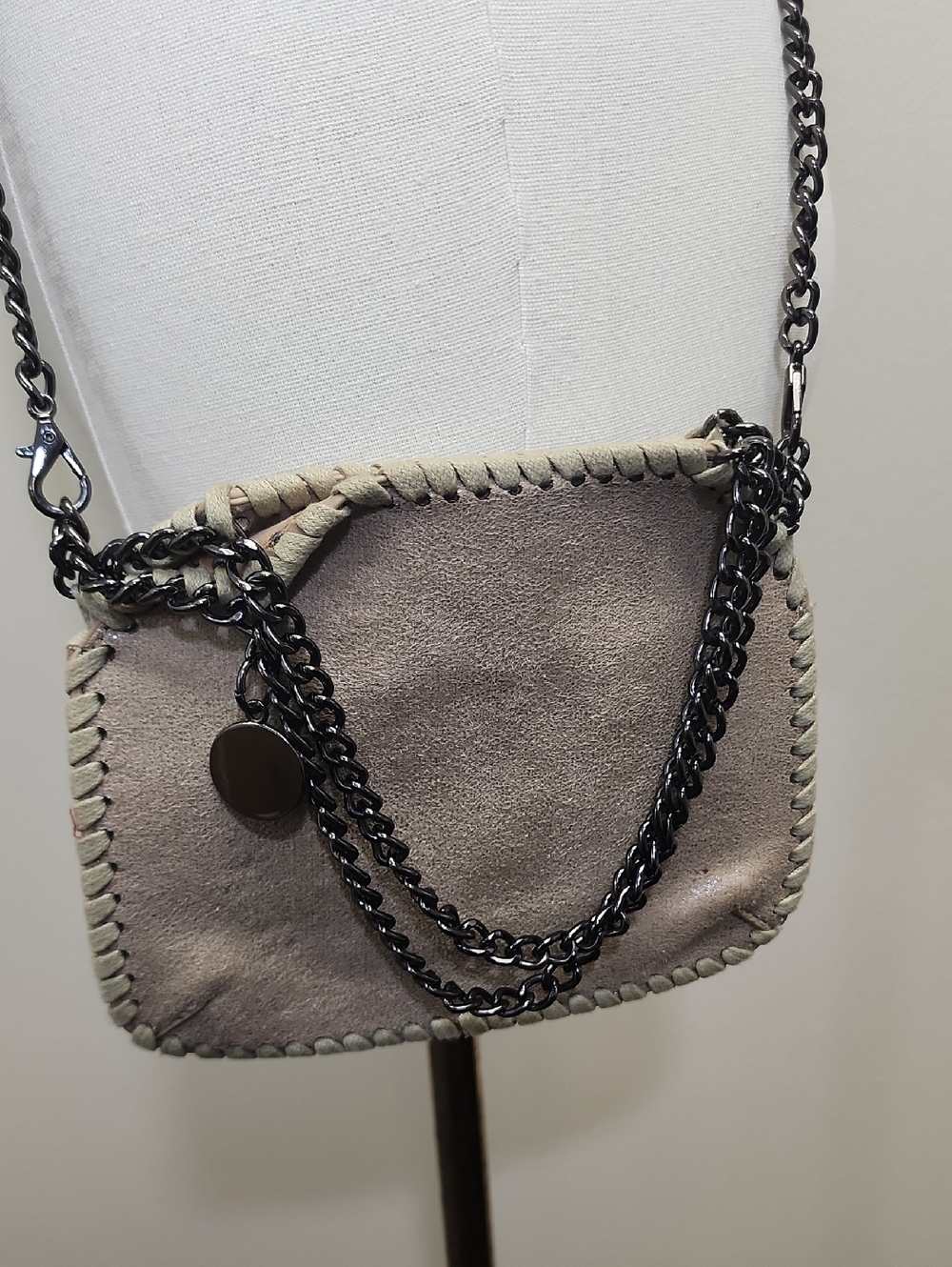 Taupe Faux Suede Chain Crossbody Bag Whipstitch Mini Purse OS